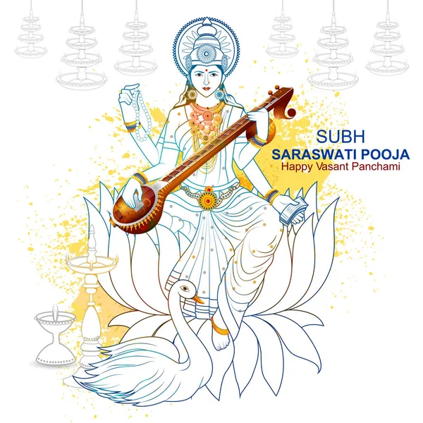 Ilustração da Deusa Saraswati para Vasant Panchami Puja da Índia — Vetor de Stock