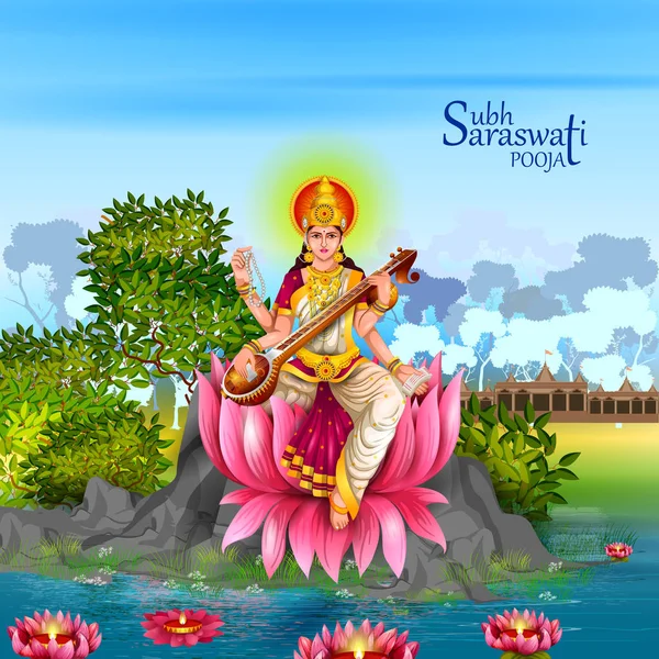 Illustratie van Godin Saraswati voor Vasant Panchami Puja van India — Stockvector