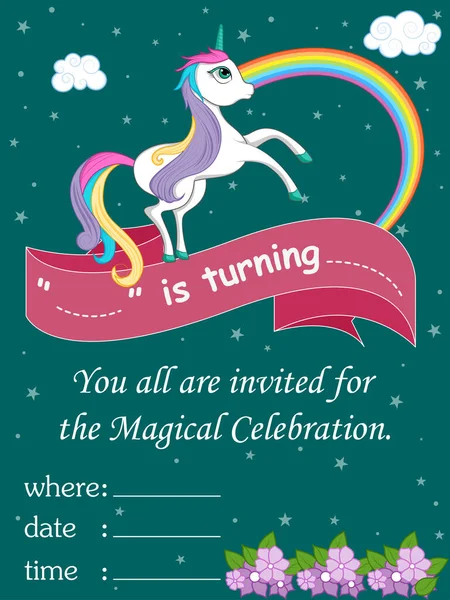 Vector ilustración de colorido cuento de hadas de moda unicornio invitación tarjeta plantilla fondo para el cumpleaños — Vector de stock