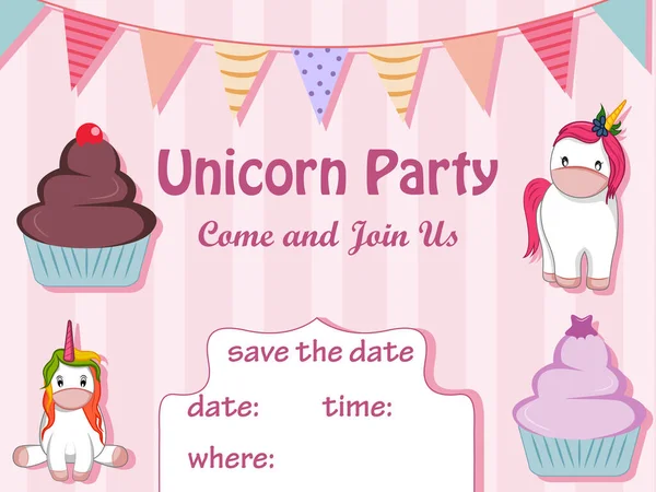 Vector illustration of colorful trendy fairy tale unicorn invitation card template background for Birthday — Stok Vektör