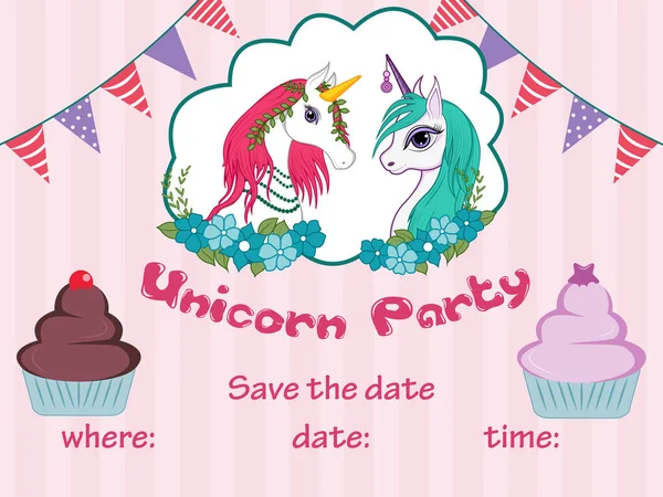 Vector illustration of colorful trendy fairy tale unicorn invitation card template background for Birthday — ストックベクタ