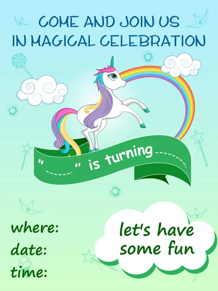 Vector ilustración de colorido cuento de hadas de moda unicornio invitación tarjeta plantilla fondo para el cumpleaños — Vector de stock