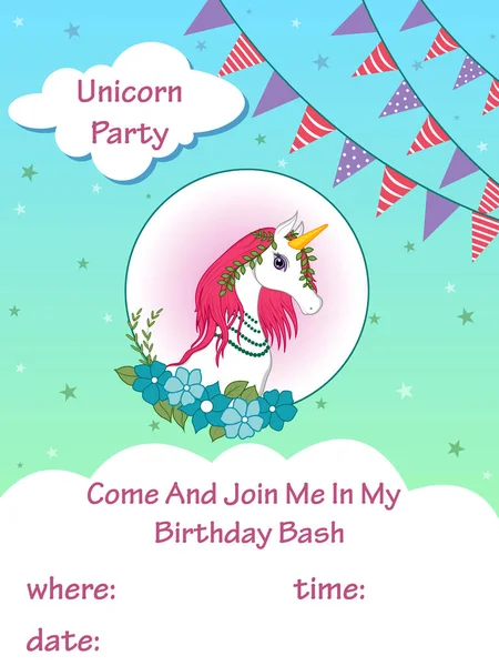 Vector ilustración de colorido cuento de hadas de moda unicornio invitación tarjeta plantilla fondo para el cumpleaños — Vector de stock