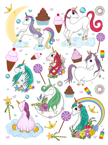 Ilustración vectorial de colorido cuento de hadas de moda unicorna elemento de la tarjeta de invitación para el cumpleaños. — Vector de stock