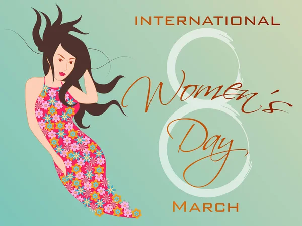 Illusztráció a gyönyörű nő Happy International Women Day üdvözlet Háttér — Stock Vector