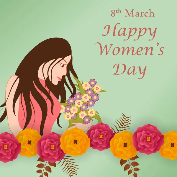 Illusztráció a gyönyörű nő Happy International Women Day üdvözlet Háttér — Stock Vector