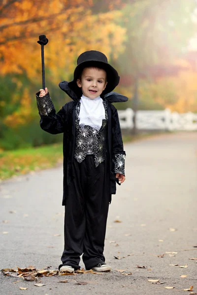 Garoto bonito no parque, vestindo trajes de mágico para o Halloween — Fotografia de Stock