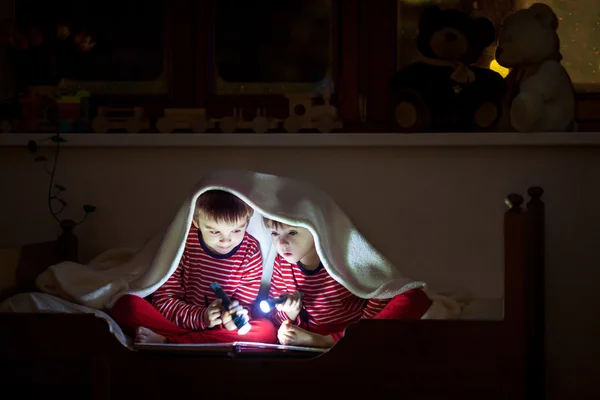 Two sweet boys, reading a book in bed after bed time, using flash — стоковое фото