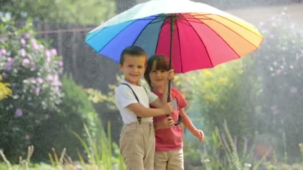 Due adorabili bambini, fratelli maschi, che giocano con un ombrello colorato sotto l'acqua spruzzata nel loro cortile — Video Stock