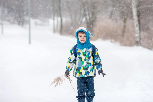 Cute little boy with backpack, going on a ski holiday, walking i — Stock Photo, Image