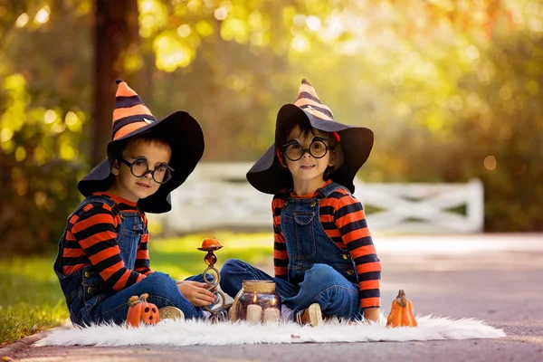 Two boys in the park with Halloween costumes, having fun — Stock Photo, Image