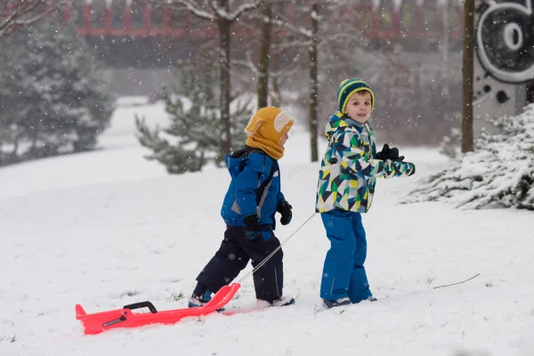 Två barn, pojke bröder, glidande med bob i snön, vintern — Stockfoto