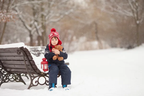 Lindo niño caucásico con oso de peluche y linterna roja, playi —  Fotos de Stock