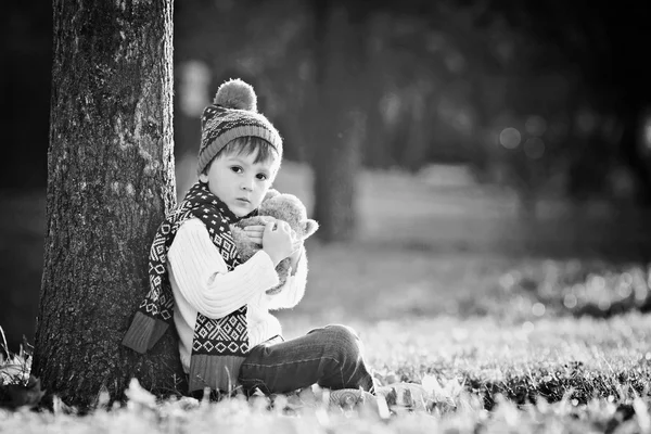 Entzückender kleiner Junge mit Teddybär im Park an einem Herbsttag — Stockfoto