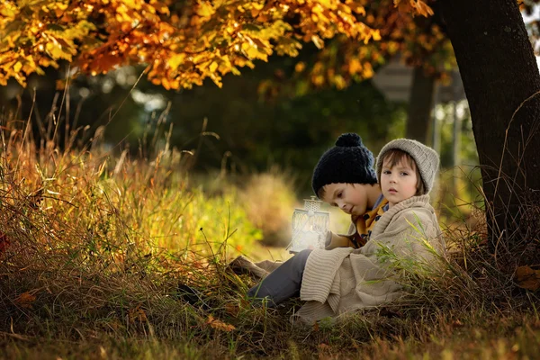 Zwei Kinder, Jungen, kuscheln unter einer Decke, sitzen unter einem Baum — Stockfoto