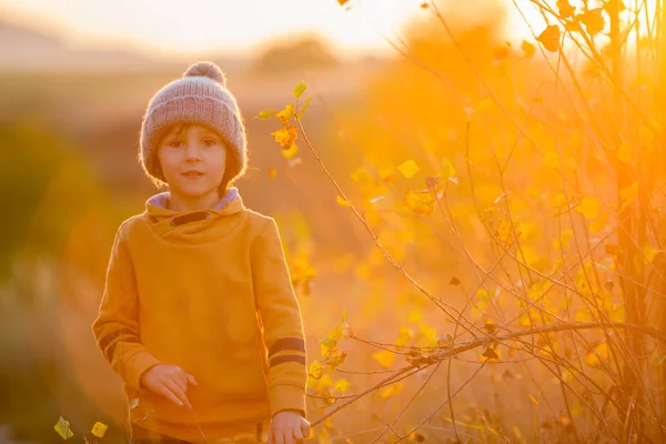 Criança adorável, se divertindo no pôr do sol, fazendo caras engraçadas e dan — Fotografia de Stock