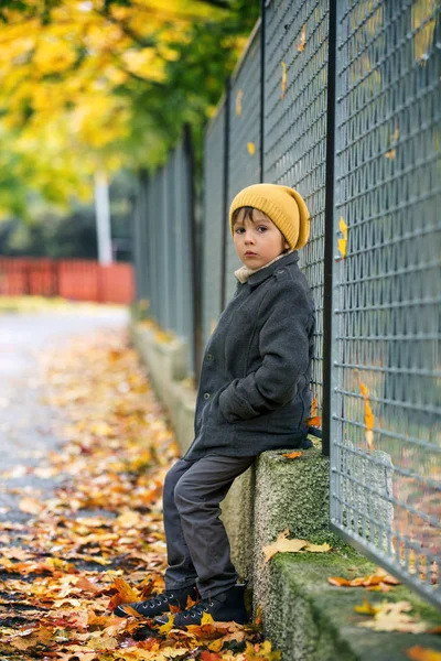 Schattig klein verdrietig kind, jongen, eenzame zittend op een hek in een park — Stockfoto