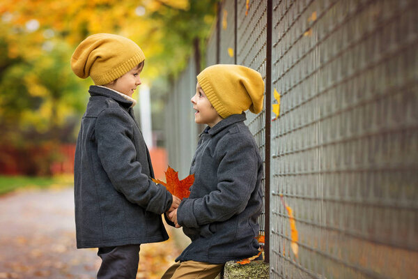 Два красивых ребенка, братья, держась за руки и разговаривая в футболке
