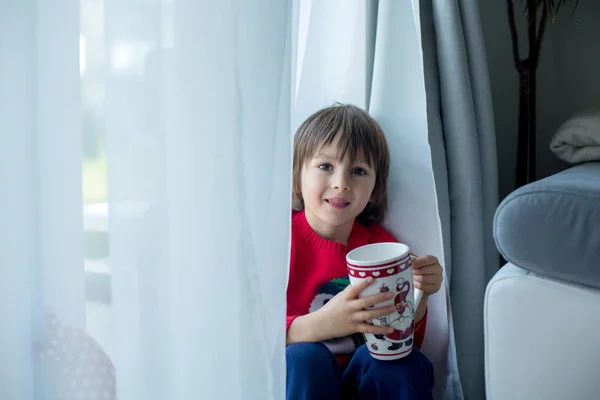Rozkošný malé předškolní dítě, chlapec, konzumní mléko, sedí na — Stock fotografie