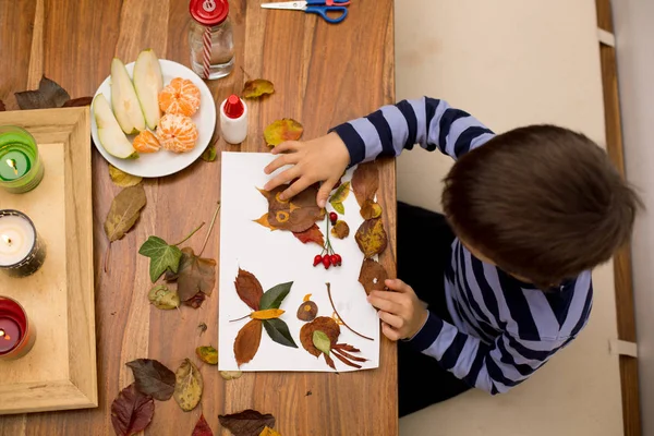 Doce criança, menino, aplicando folhas usando cola enquanto faz artes e — Fotografia de Stock