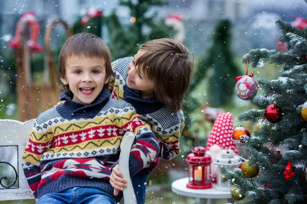 Dos adorables niños, hermanos varones, divirtiéndose al aire libre en el —  Fotos de Stock