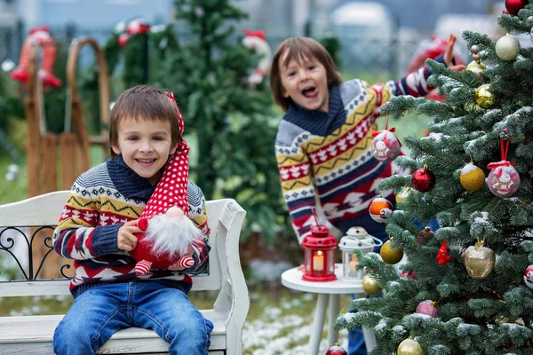 Due adorabili bambini, ragazzi fratelli, si divertono all'aperto nel — Foto Stock