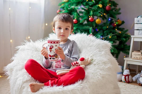 Söt pojke, sitter på böna väska, dricka te och njuter av julstämning — Stockfoto