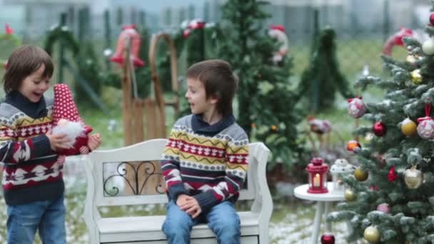 Two adorable children, boy brothers, having fun outdoors in the garden on Christmas around the decorated christmas tree while snowing outside — Stock Video