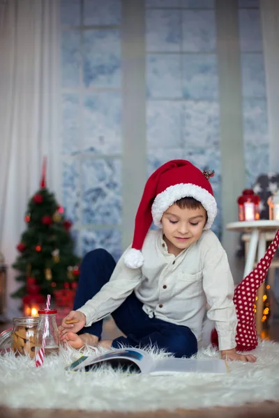 Carino bambino in età prescolare, ragazzo, la lettura di un libro e mangiare biscotti a — Foto Stock