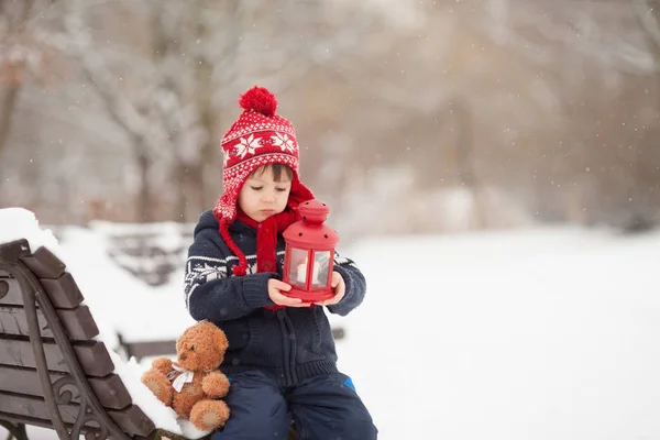 Χαριτωμένο μικρό αγόρι καυκάσιος με αρκουδάκι και κόκκινο φανάρι, playi — Φωτογραφία Αρχείου