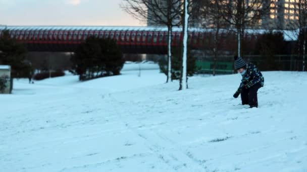 Dos niños, hermanos, deslizándose con Bob en la nieve, invierno, concepto de felicidad — Vídeos de Stock