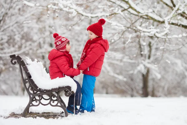 二人の愛らしい子供、男の子兄弟 ho 雪の降る公園で遊んで — ストック写真