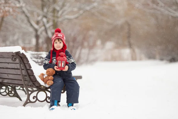 Bonito menino caucasiano com ursinho e lanterna vermelha, playi — Fotografia de Stock