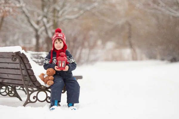 Carino piccolo ragazzo caucasico con orsacchiotto e lanterna rossa, playi — Foto Stock