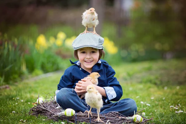 Criança pré-escolar bonito, menino, brincando com ovos de páscoa e c — Fotografia de Stock