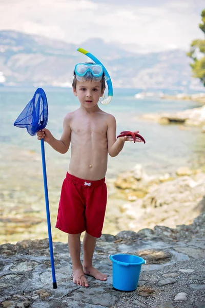 Pequeño niño sosteniendo rojo cinco estrellas de mar punto y cubo en su han — Foto de Stock