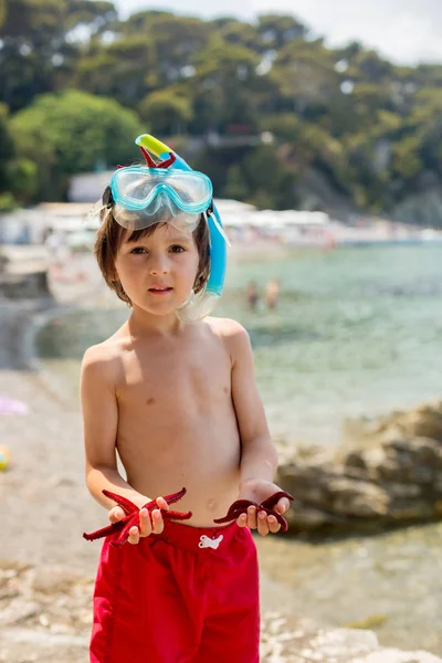 Kleine jongen bedrijf rode punt vijf zeesterren in zijn handen op de — Stockfoto