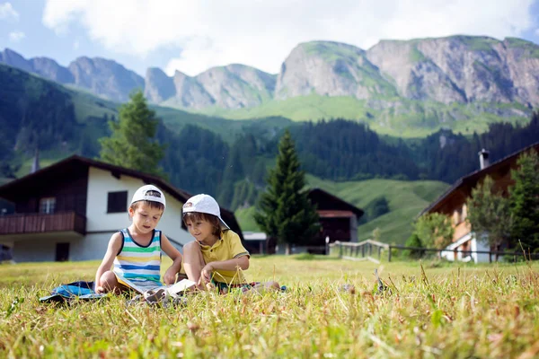 Deux enfants mignons, lisant un livre sur une pelouse dans les Alpes suisses — Photo