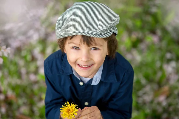 Hermoso retrato de un niño preescolar joven sosteniendo la flor —  Fotos de Stock