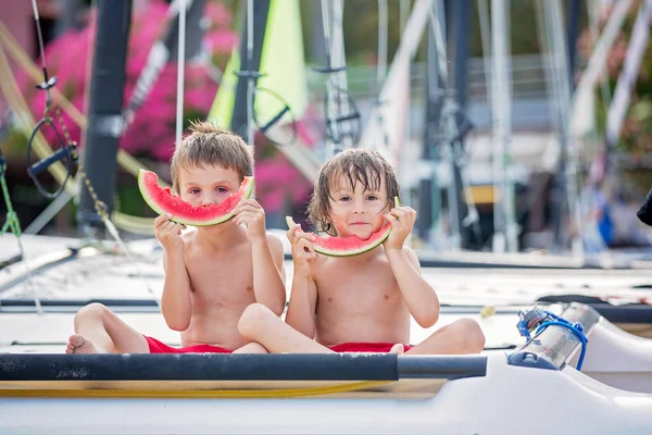 Dos niños pequeños, hermanos varones, comiendo sandía en la playa — Foto de Stock