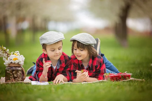 Två barn, pojke bröder, läsa en bok och äta strawberri — Stockfoto