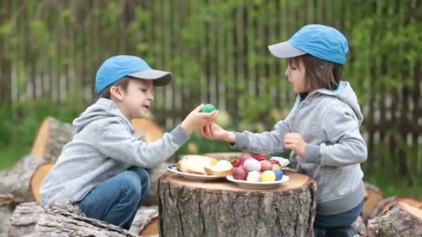 Zwei Kinder, junge Brüder, die sich im Park mit Ostereiern vergnügen — Stockvideo