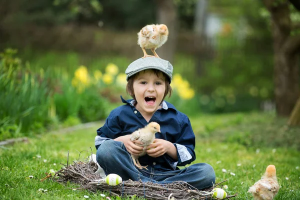 Criança pré-escolar bonito, menino, brincando com ovos de páscoa e c — Fotografia de Stock