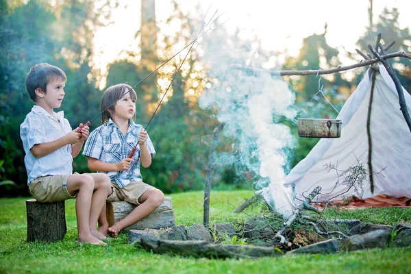 Two sweet children, boy brothers, camping outside summertime on — Stock Photo, Image