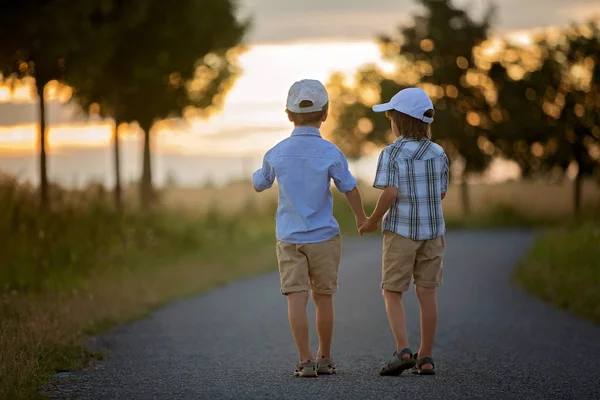 Duas crianças, meninos irmãos, se divertindo ao ar livre com carros de brinquedo — Fotografia de Stock