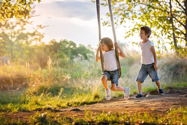 Due bambini, fratelli maschi, si divertono su un'altalena nel backyar — Foto Stock