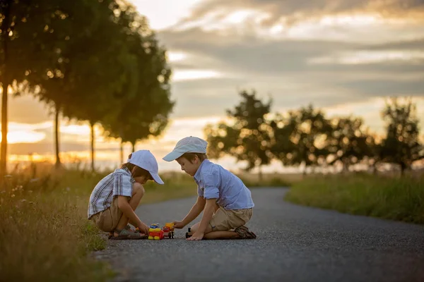 Two children, boy brothers, having fun outdoors with toy cars — Stock Photo, Image