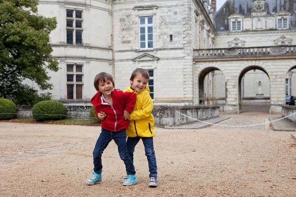 Двоє дітей, що грають в дощ перед входом в замок ле люд — стокове фото