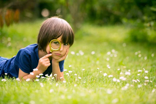Criança feliz bonita, menino, explorando a natureza com gla de aumento — Fotografia de Stock