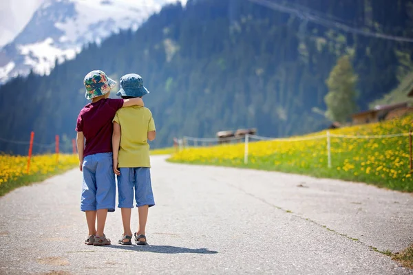 Children, boys, walking on a rural path in Swiss Alps — Stock Photo, Image